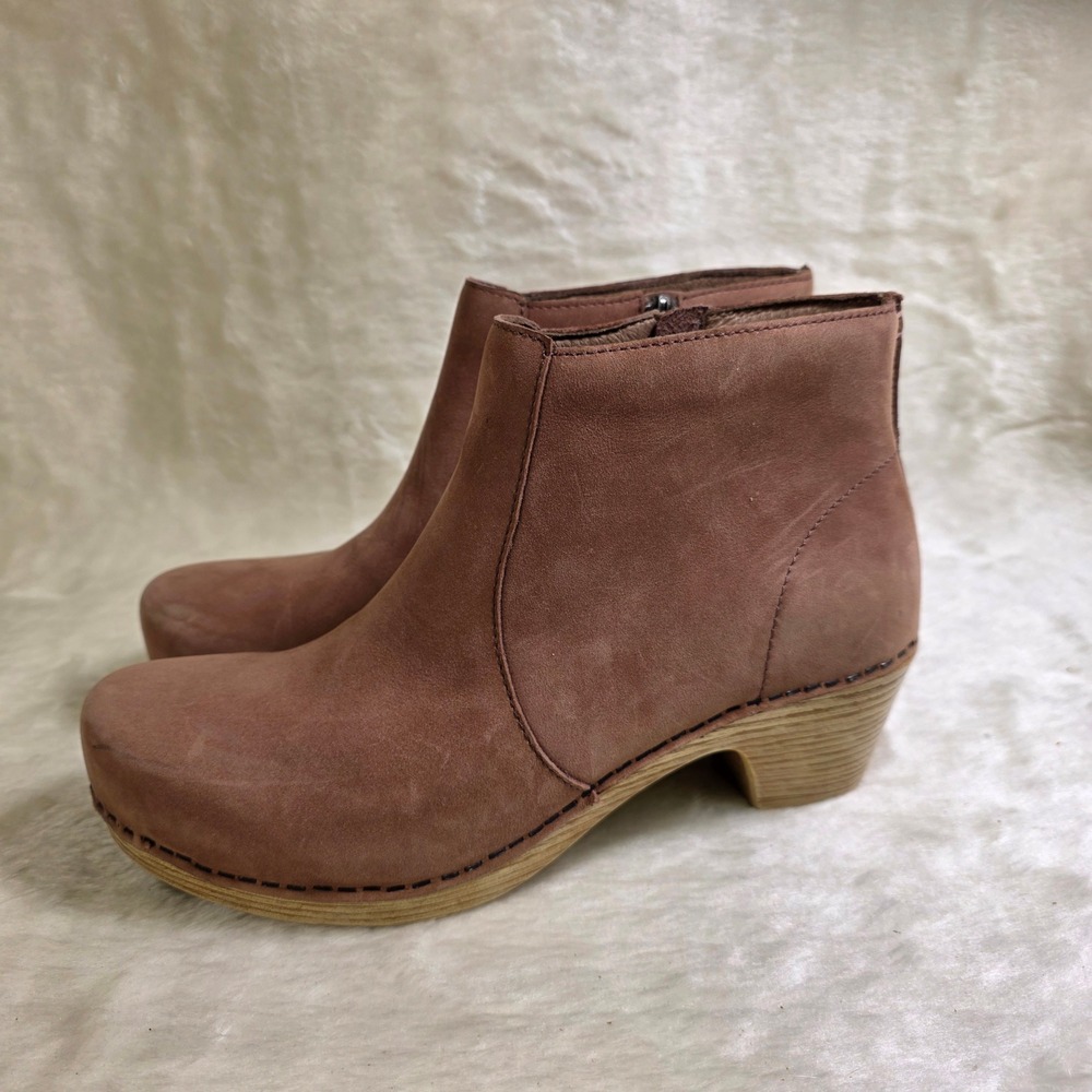 Dansko Maria Ankle Boots Brown Leather Side Zip Clog Heel Womens 38 7
